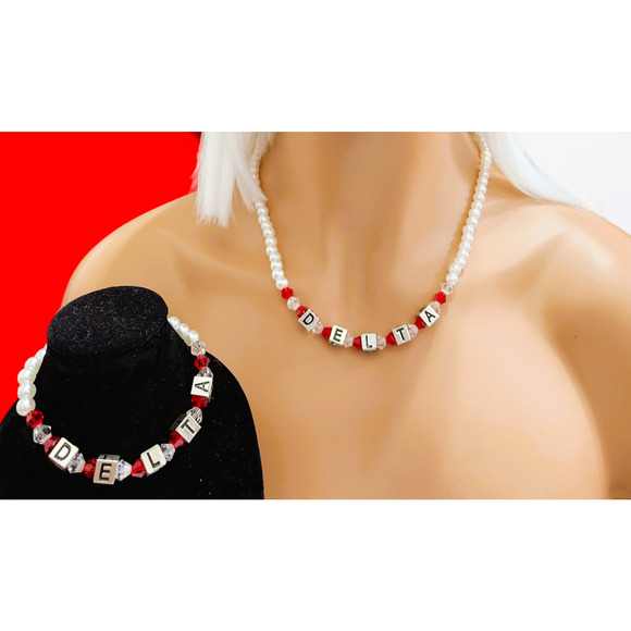 Delta Sigma Theta Jewelry Necklace Earrings & bracelet Set Red and white Pearls - Picture 2 of 6